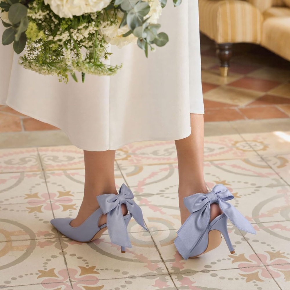 Blue Satin Slingback Heels 7 Bow Stiletto Pumps Wedding Bridal Shoes New